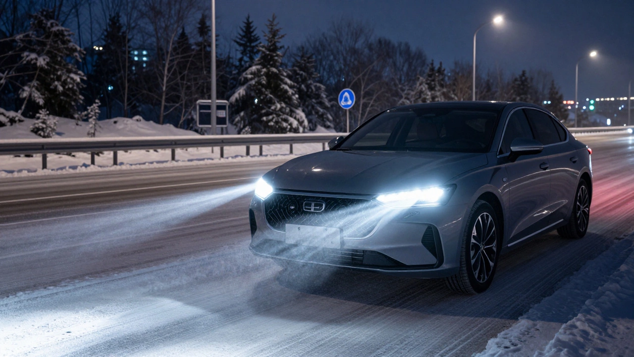 Современный автомобиль с светодиодными фарами, яркий белый свет освещает заснеженную дорогу ночью.