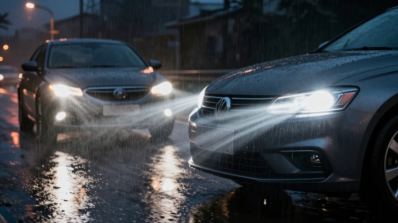 Сравнение: ксеноновые лампы ослепляют встречный автомобиль против правильно установленных фар.