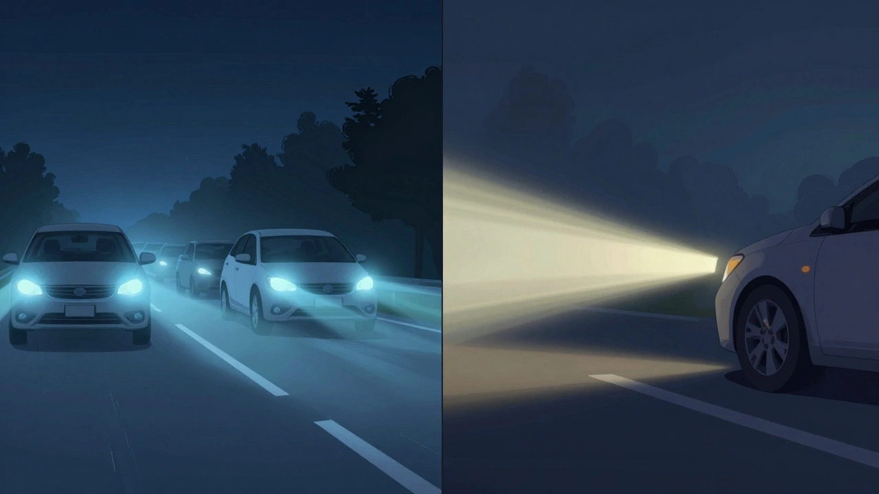 Сравнение: неправильные синие лампы ослепляют встречные машины, а правильные — безопасно освещают дорогу.