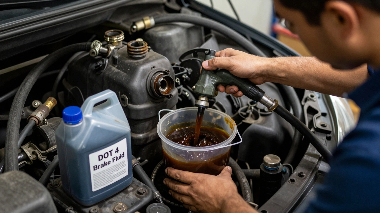 Техник откачивает старый бензин из топливного бака с помощью шланга и насоса.