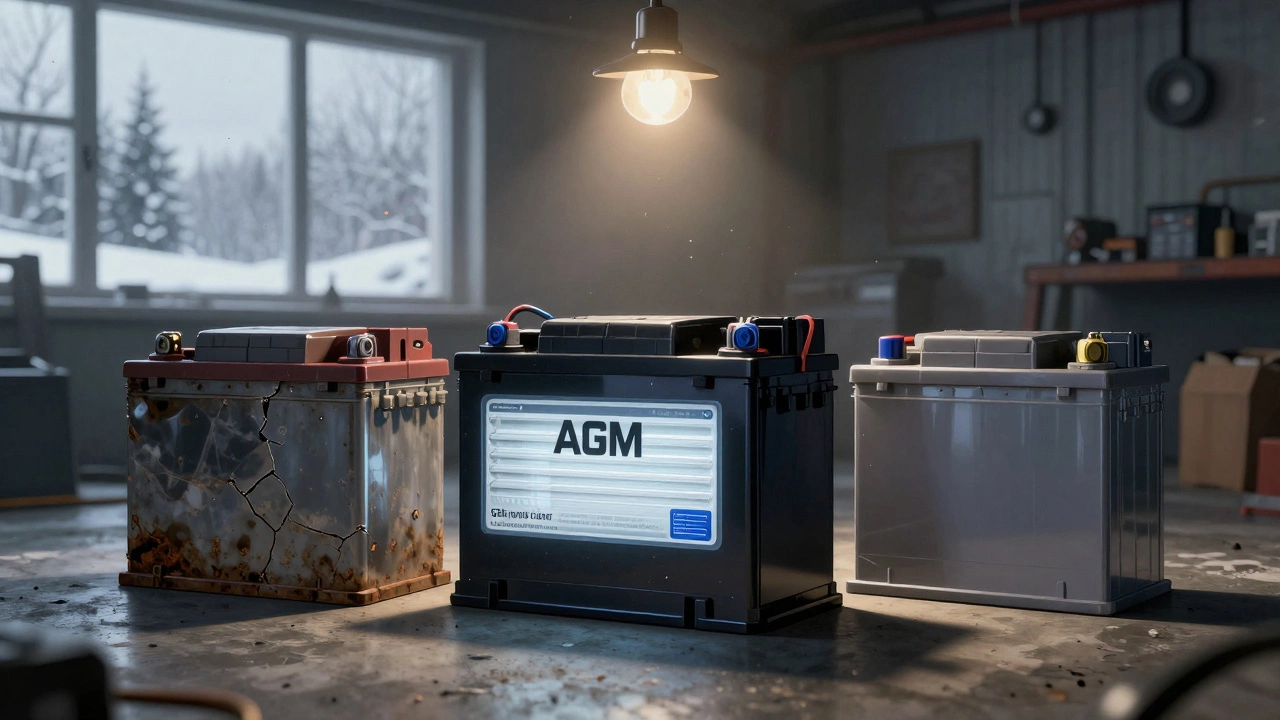 Три типа автомобильных аккумуляторов в гараже: свинцовый, AGM и гелевый