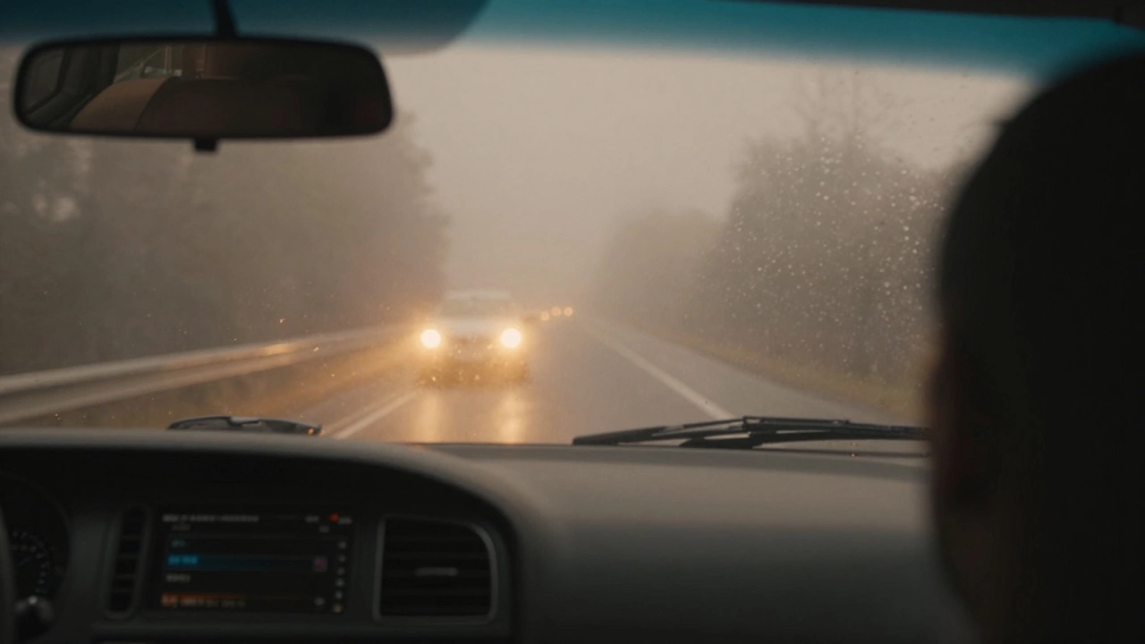 Вид из салона машины на встречные фары в туман