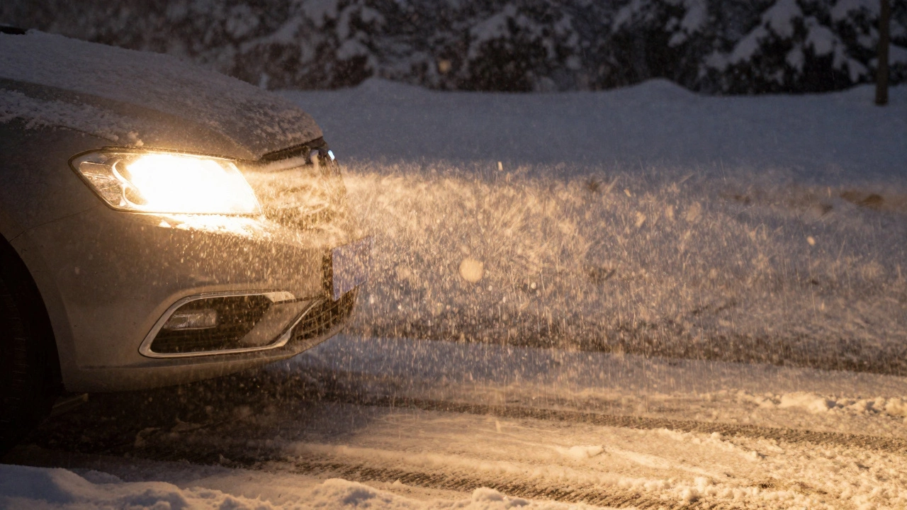 Жёлтый свет фар пробивает снегопад на ночной трассе