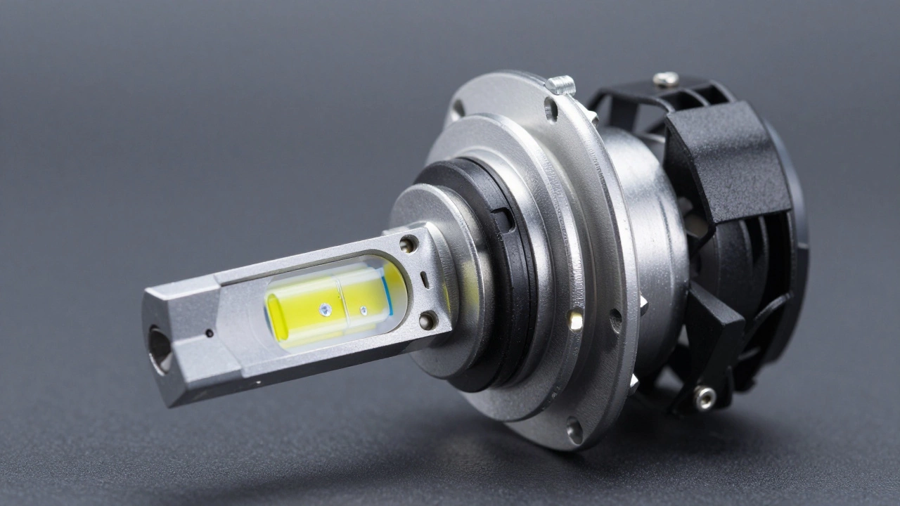 Детальный вид светодиодной автомобильной лампы с радиатором и вентилятором охлаждения