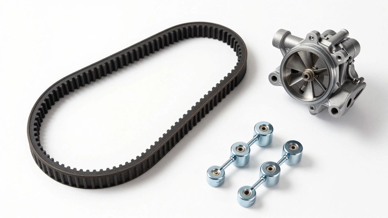 Комплект для замены ГРМ: новый ремень, ролики и водяной насос на белом фоне