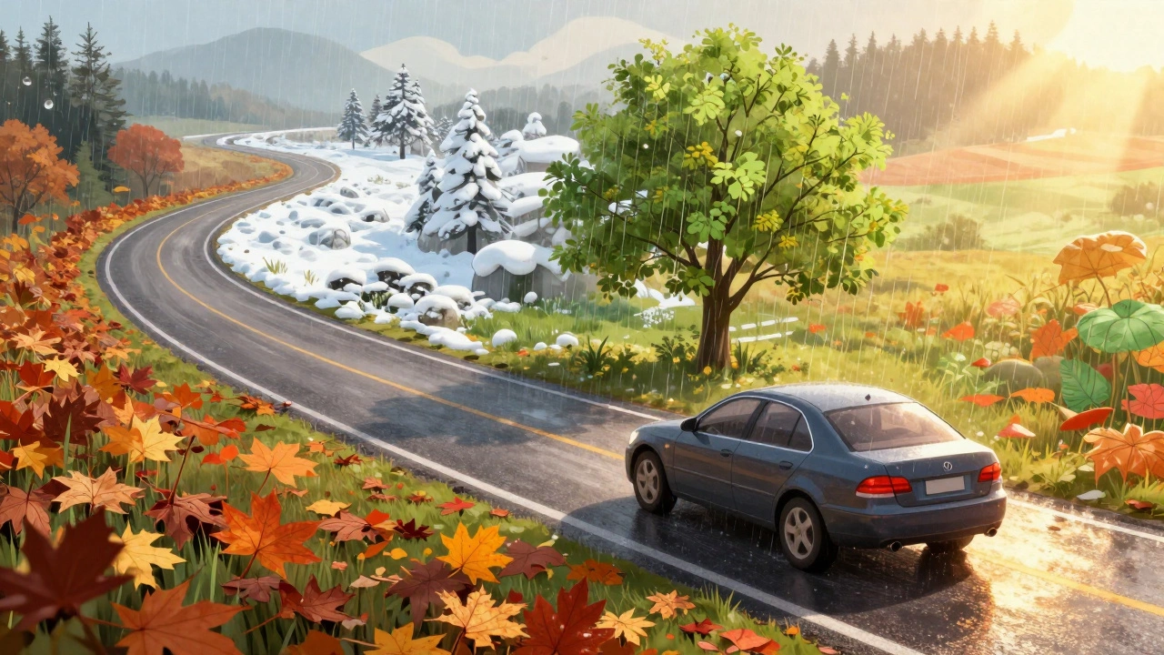 Концепт-арт автомобиля, едущего по дороге, которая меняется через все четыре сезона