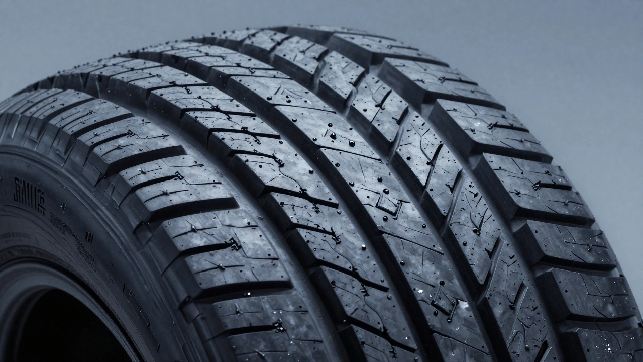 Макроснимки протектора всепогодной шины с символом снежинки и трех горных пиков