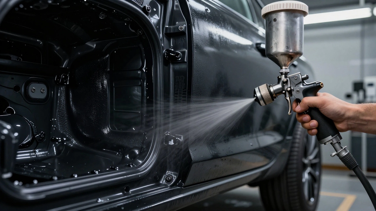 Нанесение черной антикоррозийной мастики на пороги автомобиля в мастерской