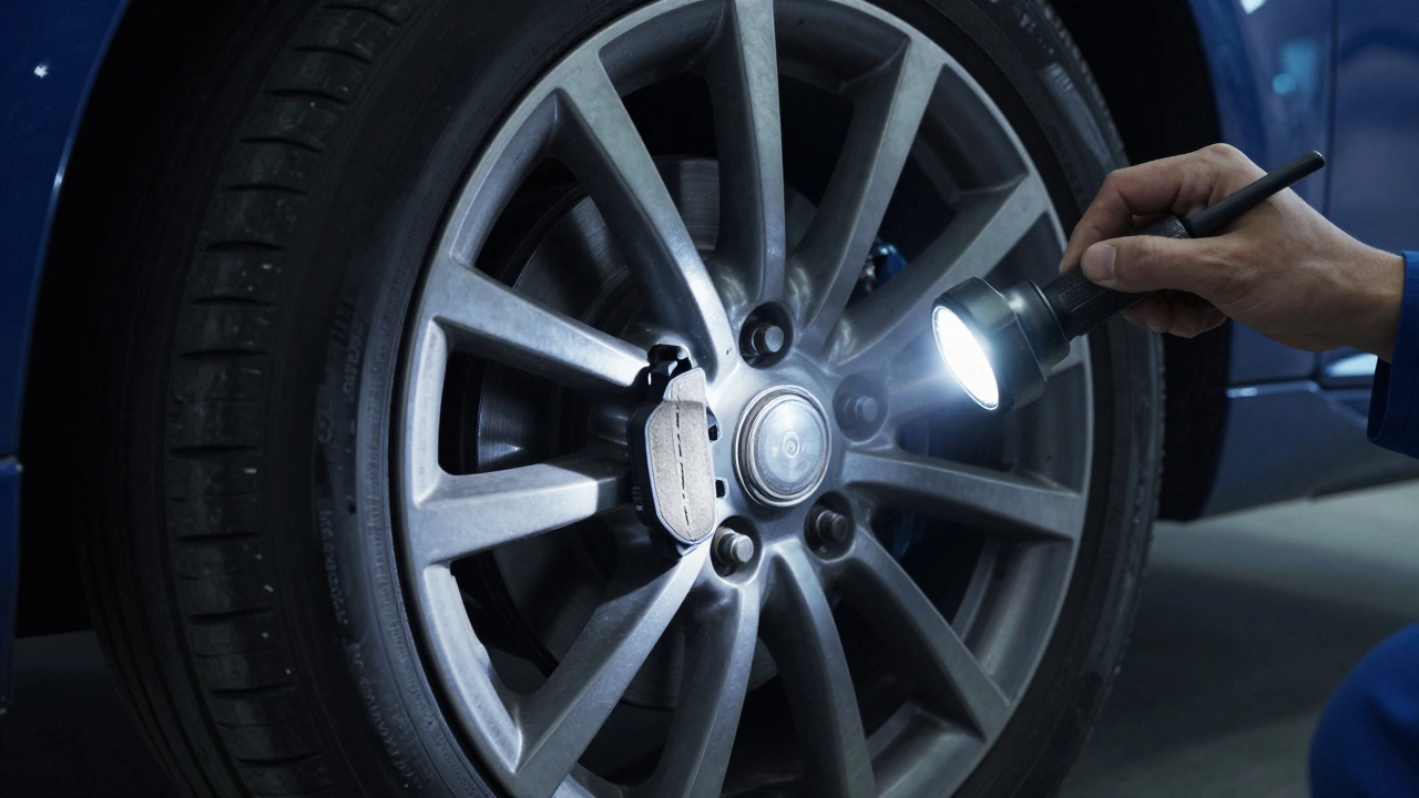 Осмотр изношенных тормозных колодок через спицы колеса с помощью фонарика