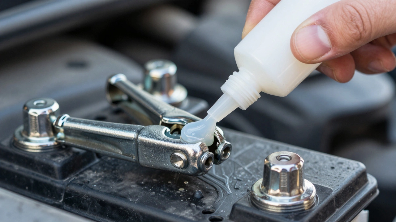 Процесс смазки очищенных клемм аккумулятора для защиты от окисления