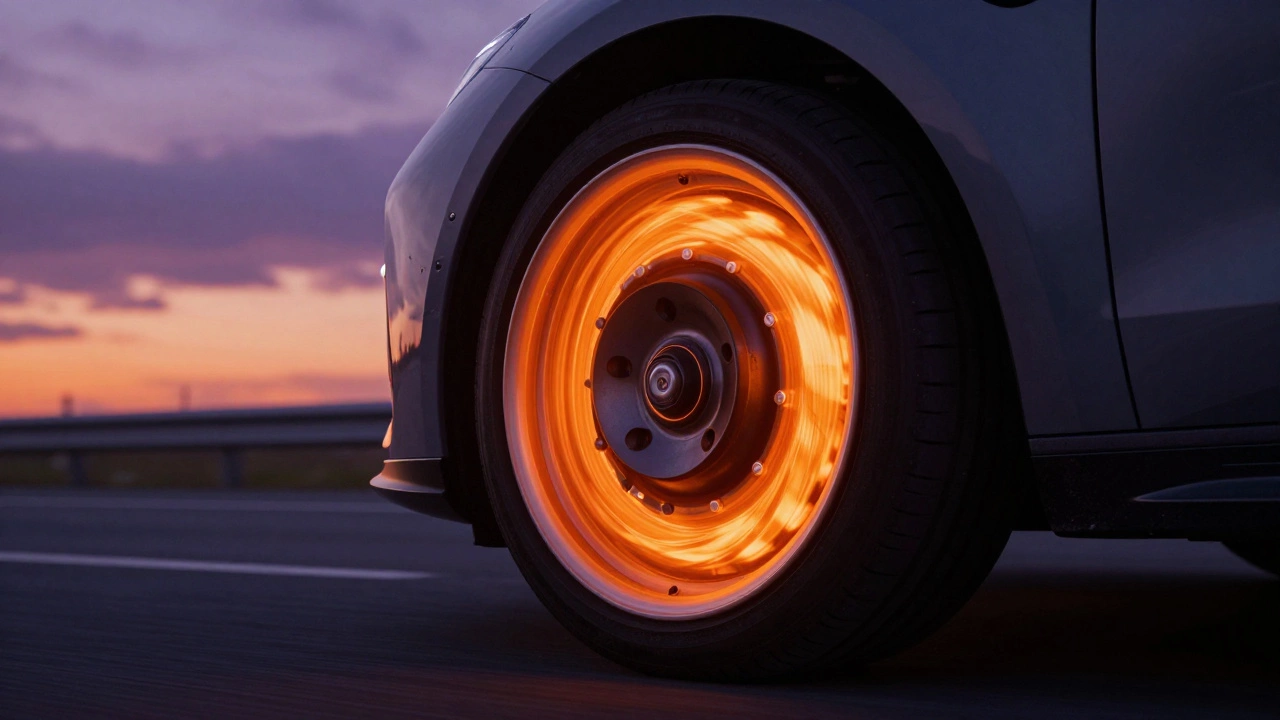 Раскаленный докрасна тормозной диск автомобиля при интенсивном торможении