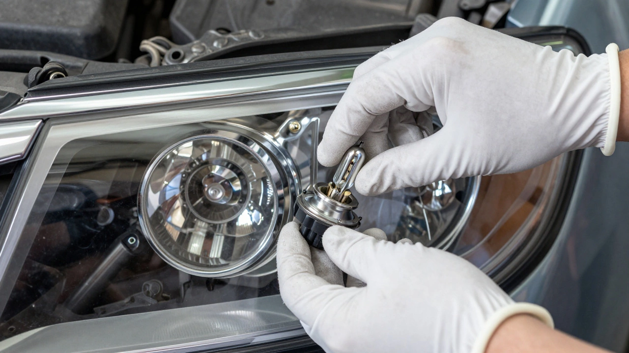 Рука в перчатке аккуратно устанавливает новую лампочку в фару автомобиля