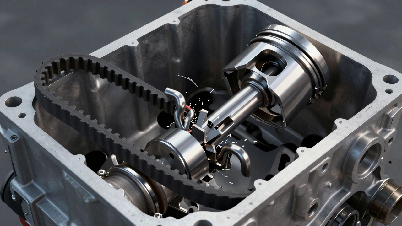 Схематичное изображение обрыва ремня ГРМ и загиба клапана поршнем в двигателе