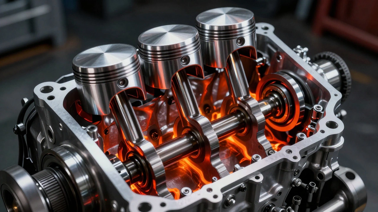 Схематичный разрез двигателя с подсвеченными зонами износа поршней и вкладышей