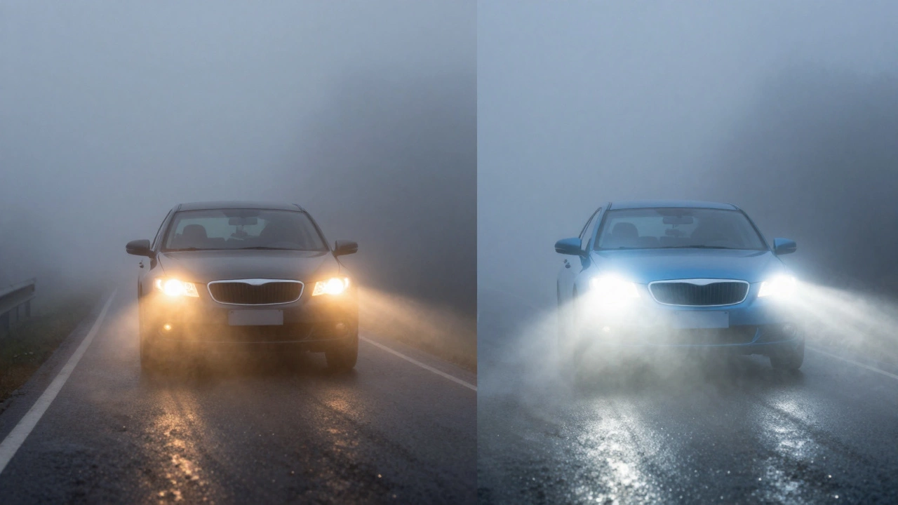 Сравнение видимости в тумане: теплый желтый свет галогена против холодного белого LED