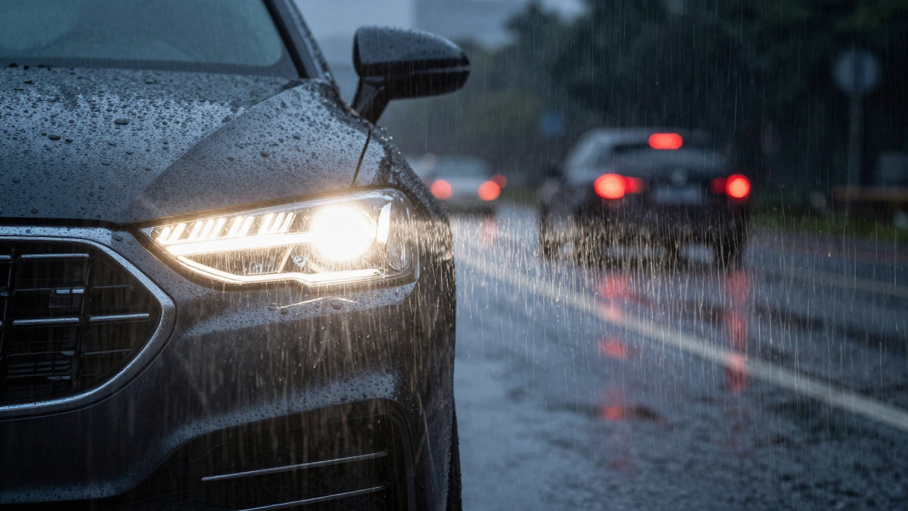 Светодиодные фары автомобиля с теплым белым светом в сильный дождь