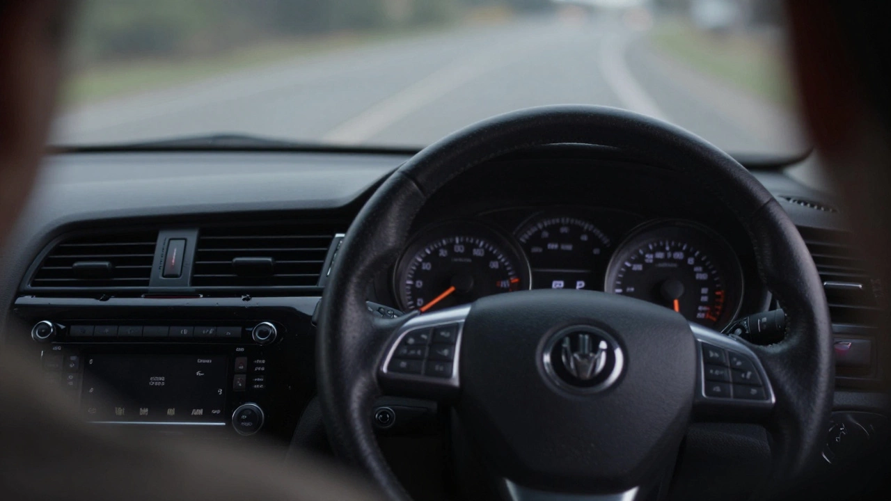 Вид на дрожащую стрелку тахометра и руль автомобиля при нестабильной работе мотора