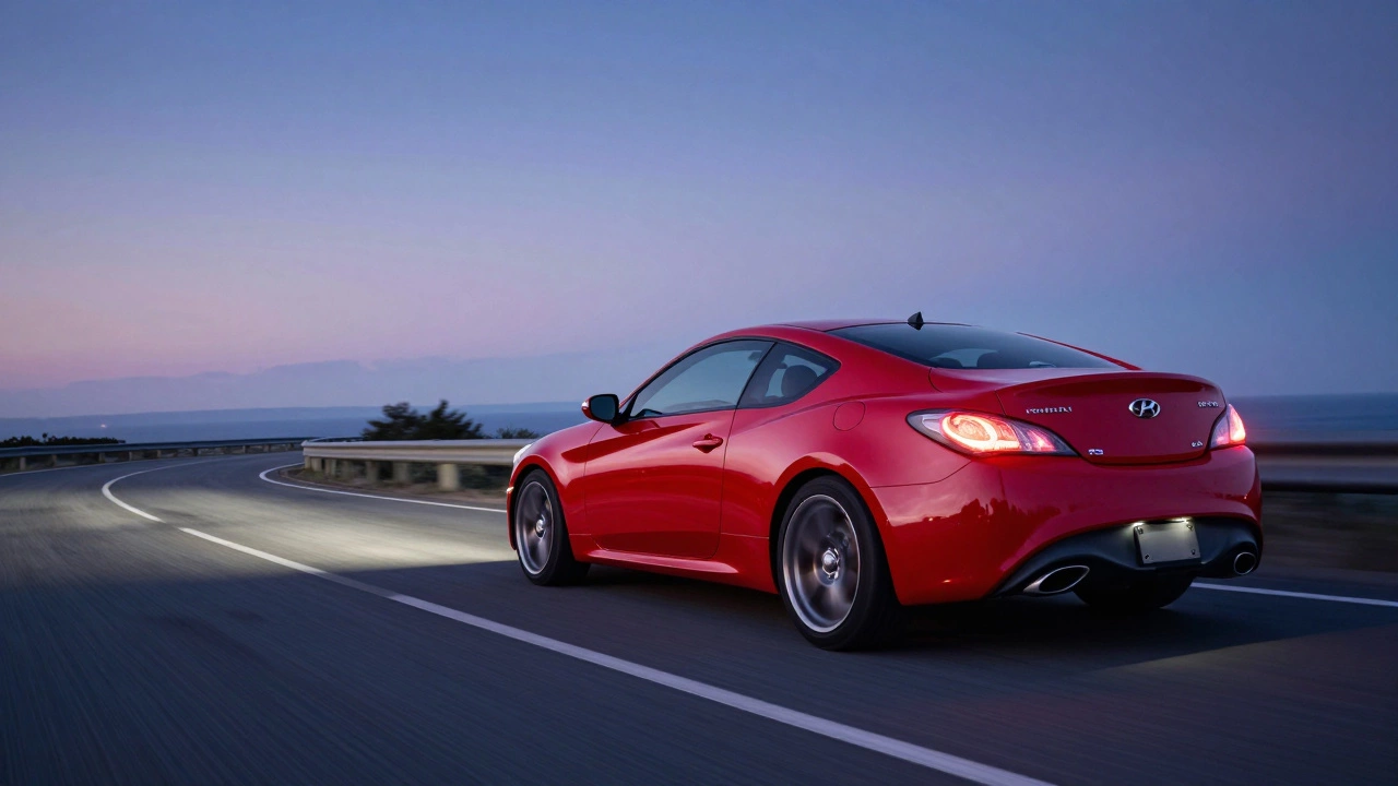 Красный Hyundai Genesis Coupe едет по извилистой дороге