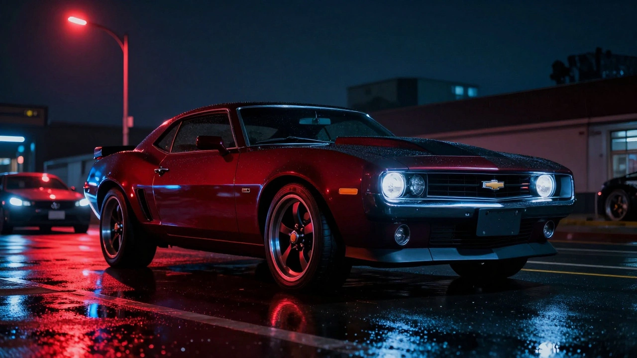Черный Chevrolet Camaro под неоновыми огнями ночью на мокрой улице