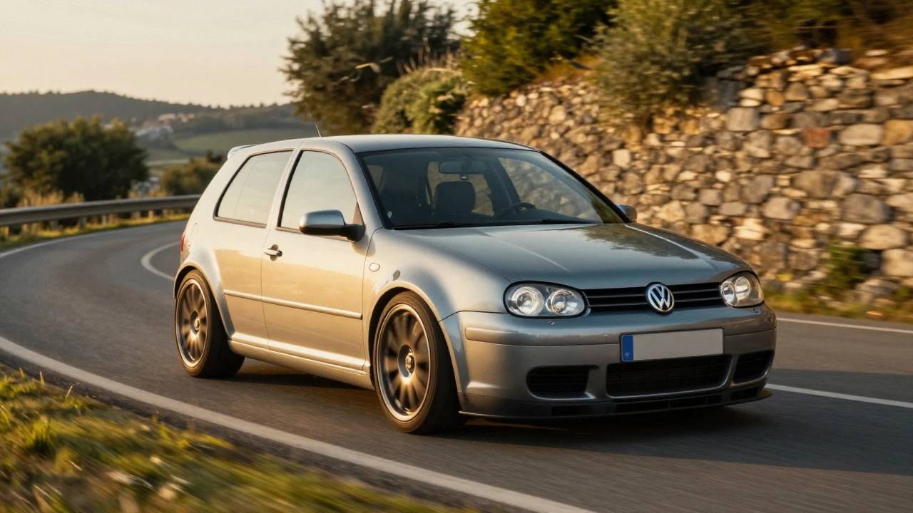 Модифицированный Volkswagen Golf IV на дороге в солнечный день