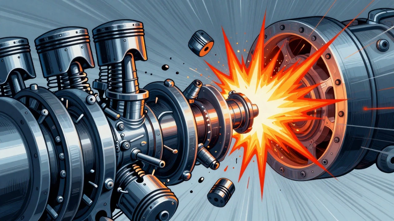 Illustration of engine valves and pistons colliding due to timing belt failure
