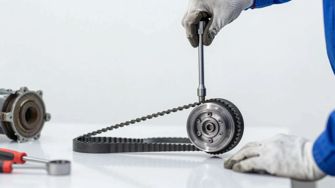 Mechanic installing a new timing belt with a torque wrench in a workshop